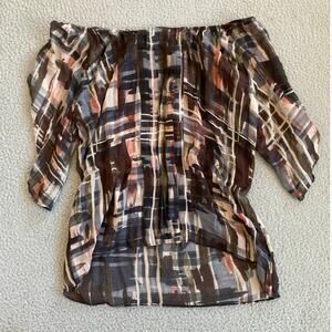 Silk Off the Shoulder Top Medium High Low Flowy Art Boho Beach Blouse Brown Pink